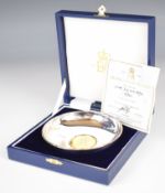 Cased Elizabeth II limited edition feature hallmarked silver commemorative dish set with a gilt