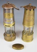 Two miner's lamps comprising Eccles Protector and Thomas Williams and a snuff box Henry Jenkins