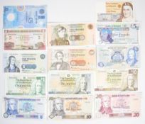 Fourteen Scotland, Ireland and Northern Ireland banknotes including Bank of Scotland £5, £10 and £20