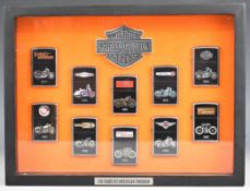 Ten Harley Davidson 'A Century of American Thunder' satin chrome Zippo lighters, in fitted display