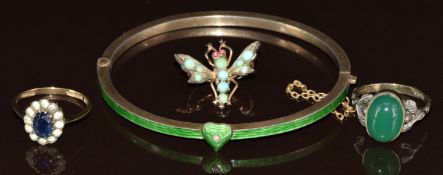 Victorian silver bangle set with green enamel, Victorian clip set with turquoise and glass in the