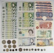 Great Britain banknotes and silver coinage comprising two runs of five and ten Queen Elizabeth II £1