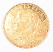 Swiss 1914 10 Franc Helvetia gold coin, 3.22g 0.900