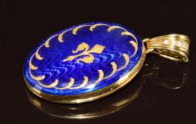 Fabergé 18ct gold locket set with blue guilloché enamel and diamonds to the pendant loop by Victor