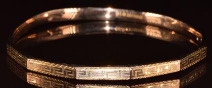 Art Deco 9ct gold wax filled flapper bangle with Greek Key decoration, Birmingham 1932, 13g, 7.6cm