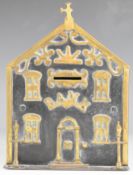 Victorian metal and applied brass 'Bank' moneybox, W16 x H21cm