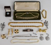 A collection of jewellery including Swarovski earrings and necklace, faux pearls, cultured pearls,