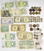 Small collection of base metal and silver world coins, various world banknotes, approximately 43g of