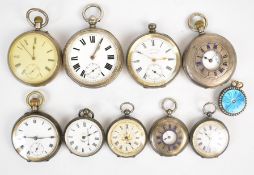 Ten silver pocket watches including two half hunter examples, H E Peck of London, two with gilt