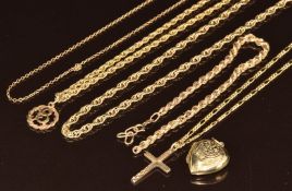Four 9ct gold chains, 9ct gold 'B' pendant, a 9ct gold cross  (23.8g) and a 9ct back and front heart