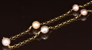 A 9ct gold necklace set with five pink pearls, 15g, 46cm