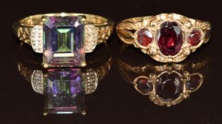 Two 9ct gold rings set with mystic topaz and diamond and a 9ct gold ring set with garnets, 6g,