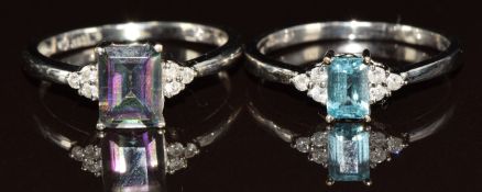 Two 9k white gold rings, one set with a topaz and diamonds and one set with mystic topaz and