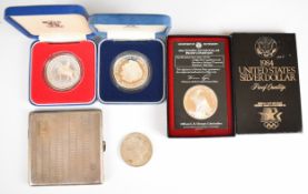 Silver proof coins comprising Royal Mint 1981 Charles and Diana crown and 1977 crowns, 1984