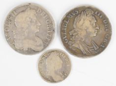 1677 Charles II and 1696 William III crowns and a William III shilling, weight of all three coins