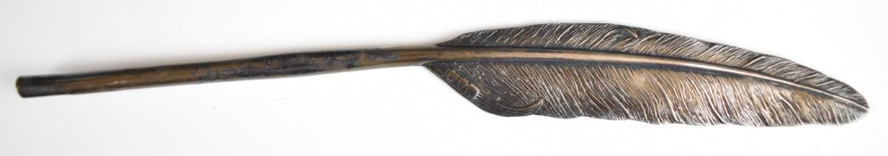 Victorian hallmarked silver novelty quill pen formed as a feather, London 1893, maker's mark