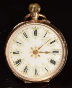 Unnamed 9ct gold keyless winding open faced pocket watch with gold hands, black Roman numerals, gilt