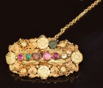 Georgian yellow metal 'Regard' brooch set with a ruby, emerald, garnet, amethyst, ruby and diamond