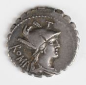 Roman serrated silver Denarius of C. Poblius 80 BC, Roma right rev Hercules facing left strangling