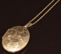 A 9ct gold locket with engraved decoration, on 9ct gold chain, 4.8g, 45cm, 3 x 2.2cm