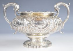 Georgian hallmarked silver twin handled sugar bowl with embossed decoration, London 1819, maker