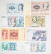 Eight Denmark, Sweden and Norway banknotes, comprising high-grade Denmark 1972-issue 50 and 100