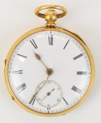 W M Jackson of London 18ct gold open faced pocket watch with subsidiary seconds dial, gold hands,