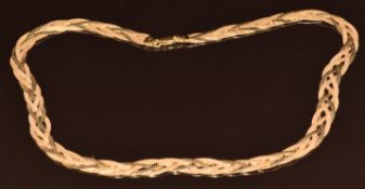 An 18ct gold necklace made up of four ribbon curb link chains plaited, 21.1g, 44cm