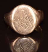 A 9ct rose gold signet ring with engraved Masonic symbol, 6.3g, size K