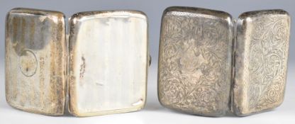 Two hallmarked silver cigarette cases, one with engraved foliate decoration, weight of both 139g