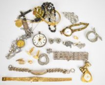 A collection of jewellery including marcasite brooches, paste brooch, silver identity bracelet (