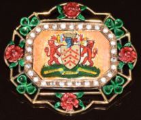 A 9ct gold Gloucester coat of arms brooch set with enamel, in original G.A.Baker box, 9.4g, 4 x 3.