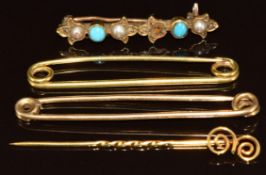 A 9ct gold brooch set with turquoise, pearls and diamonds (one pearl missing), an 18ct gold