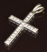 A 9k white gold cross pendant set with round cut diamonds, total approximately 0.45ct, 3.1g, 2.8 x