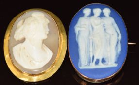 An 18ct gold brooch set with a signed cameo (3.3 x 4cm, no pin) and a 9ct rose gold brooch set