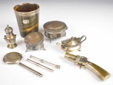 Hallmarked silver items comprising mustard, pepper, circular vesta case, hexagonal needle case,