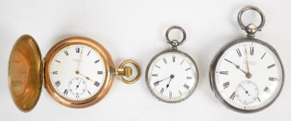 Three pocket watches comprising Waltham gold plated keyless winding full hunter, H Samuel of