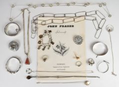 A collection of silver jewellery including four bangles, 800 grade ring set with moss agate, two