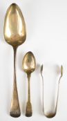 Georgian hallmarked silver table spoon, Georgian fiddle pattern teaspoon and a pair of hallmarked