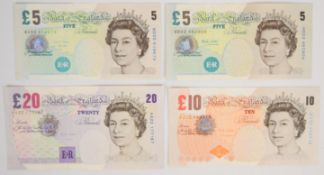 Set of Merlyn Lowther Bank of England Elizabeth II banknotes comprising £20, £10 and £5 examples,
