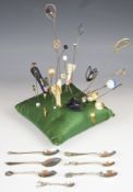 Two Charles Horner silver hat pins, 9ct gold hat pin, silver gilt horseshoe stick pin, further hat