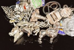 A silver charm bracelet with over 38 silver charms including dogs, motorbike, shamrock, enamel St