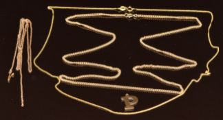 Three 9ct gold chains and 'P' pendant, 9g