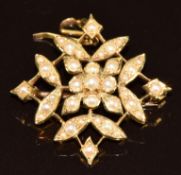 Edwardian 15ct gold pendant/ brooch set with split pearls, 6.2g, 2.6cm