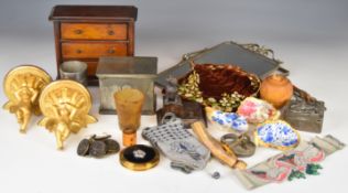 A large collection of bijouterie and collectibles including apprentice chest of drawers, pewter