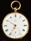 Dent of London 18ct gold open faced pocket watch with subsidiary seconds dial, orate gold hands,
