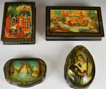 Four large Russian lacquer boxes comprising girl picking apples by Belpakoba, Snow White and the
