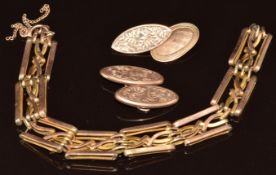 Section of 9ct gold bracelet and sections of 9ct gold cufflinks, 9.7g
