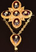 A c1820 gold Cannetille pendant/ brooch set with foiled garnets and pearls, 18.3g, 8.4 x 4.5cm