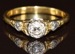 An 18ct gold ring set with a round cut diamond of approximately 0.15ct, 2.4g, size K